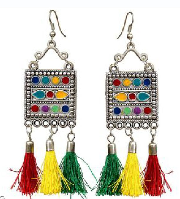 Traditional Afghani Tribal Earrings with Multicolor Tassels