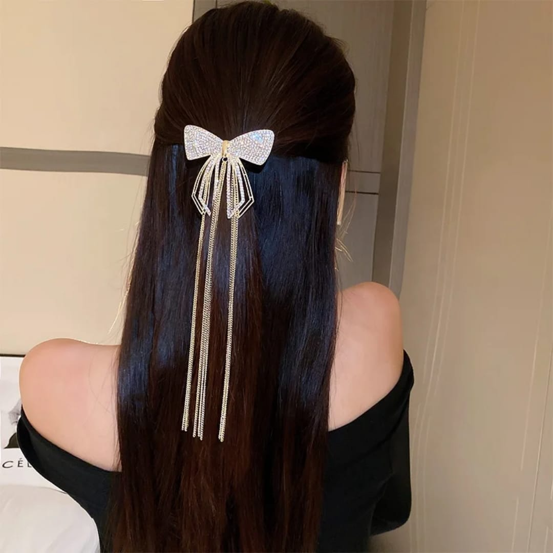 Glam Bow Crystal Hair Clip with Drape Chains