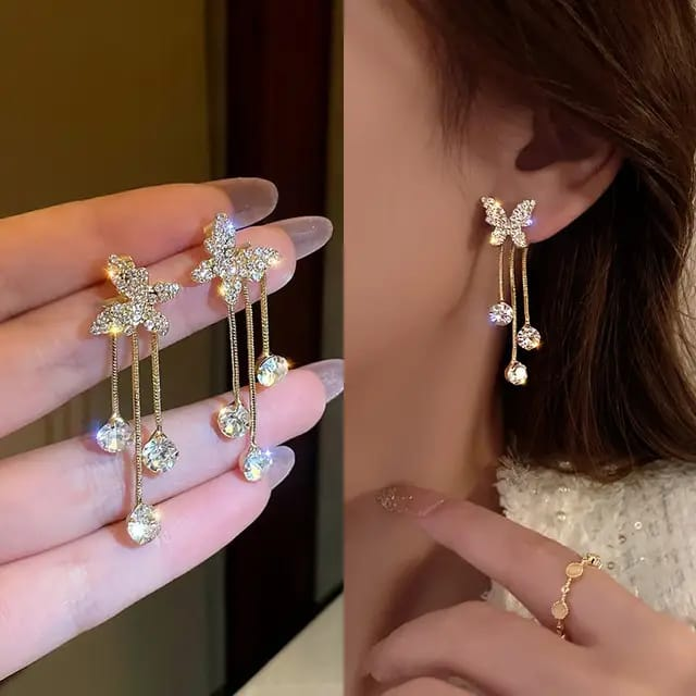 Butterfly Stud & Crystal Drop Chain Earrings Combo Set