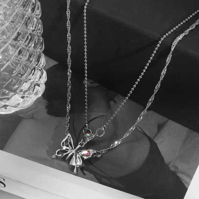 Crystal Wings Butterfly Necklace – Graceful Double-Layer Pendant