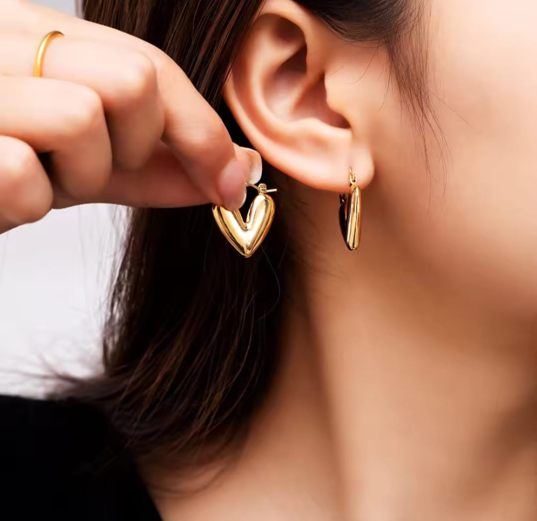 Trendy Gold Plated Puffy Heart Hoop Earrings