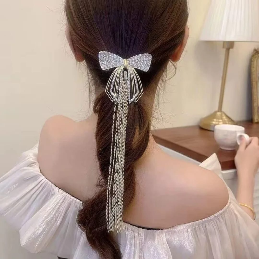 Glam Bow Crystal Hair Clip with Drape Chains