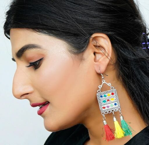 Traditional Afghani Tribal Earrings with Multicolor Tassels