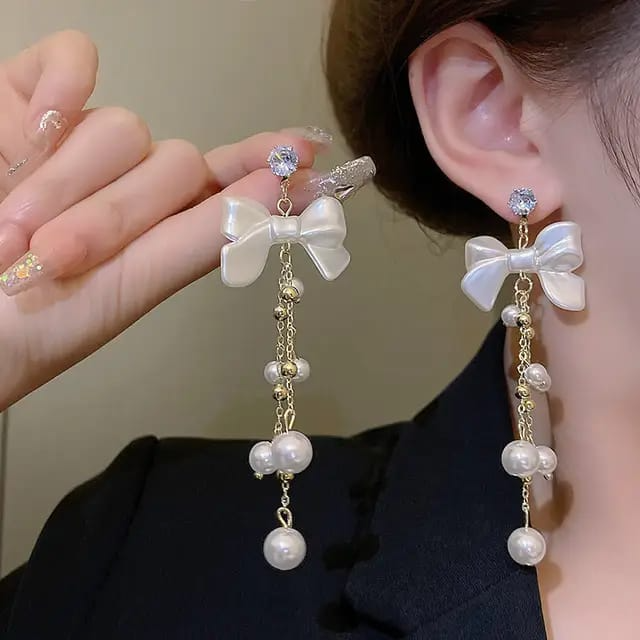 Celeste Bow & Pearl Dangle Earrings.
