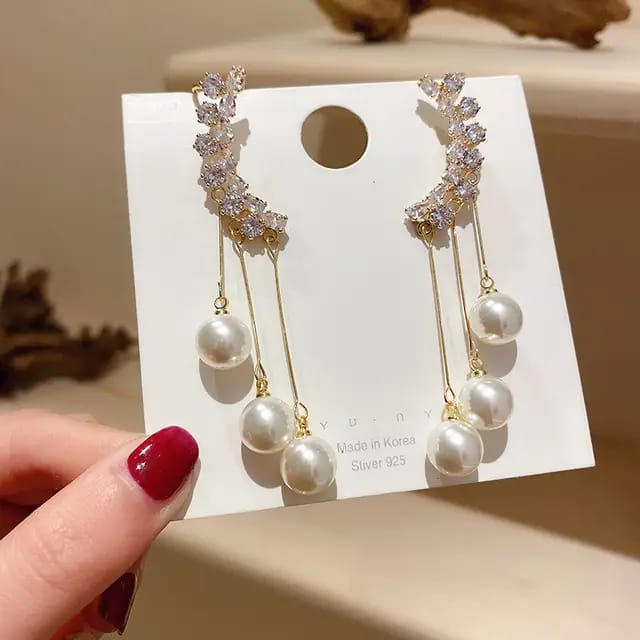 Stylish Pearl & Crystal Ear Cuff Dangler Earrings