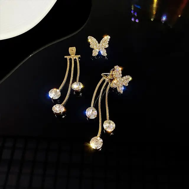 Butterfly Stud & Crystal Drop Chain Earrings Combo Set