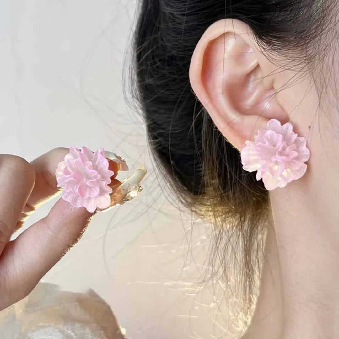 Trendy Floral Fabric Stud Earrings in Baby Pink