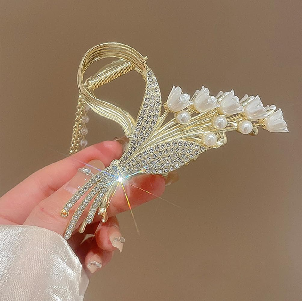 Golden Lily Bloom Pearl Hair Claw