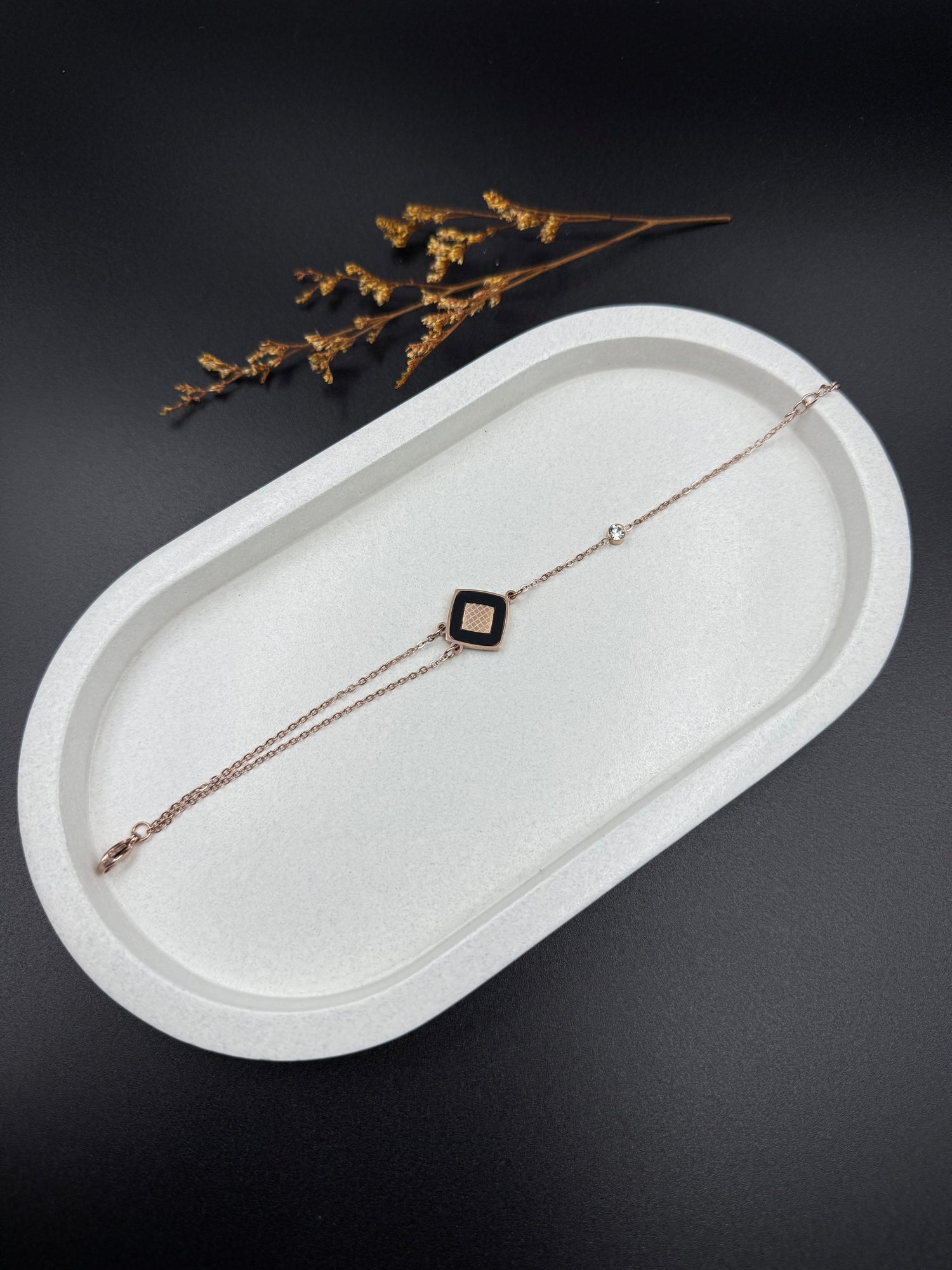 Minimal Black Enamel Geometric Bracelet with Rose Gold Chain