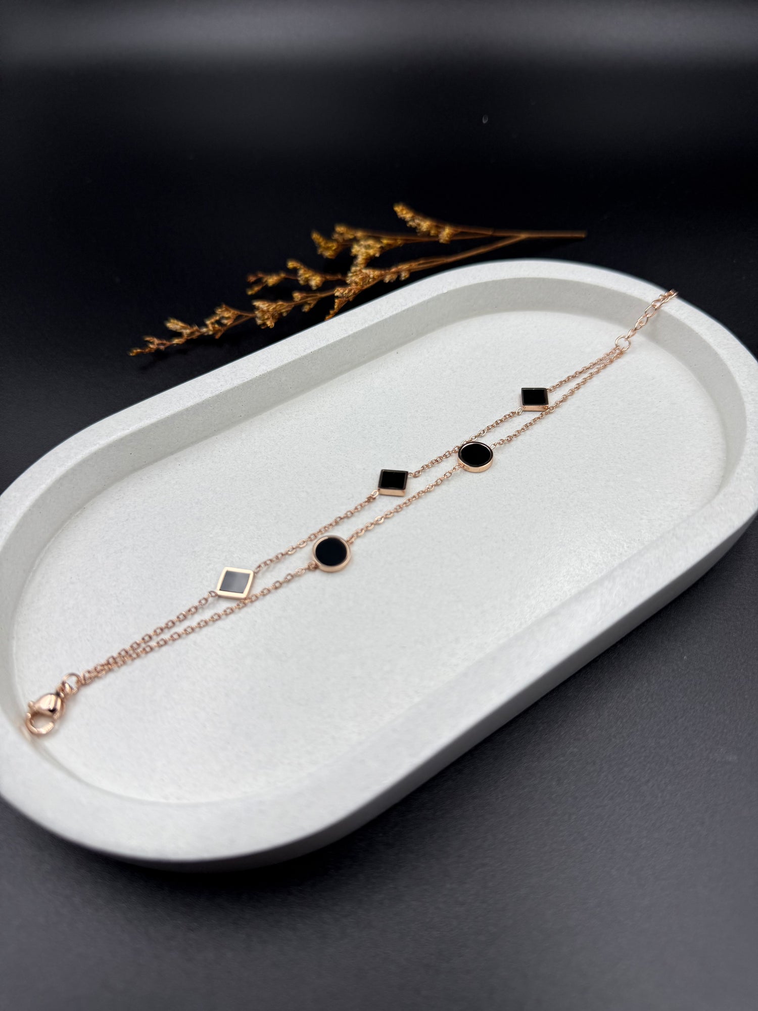 Dual Chain Black Enamel Geometric Charm Bracelet – Rose Gold Finish