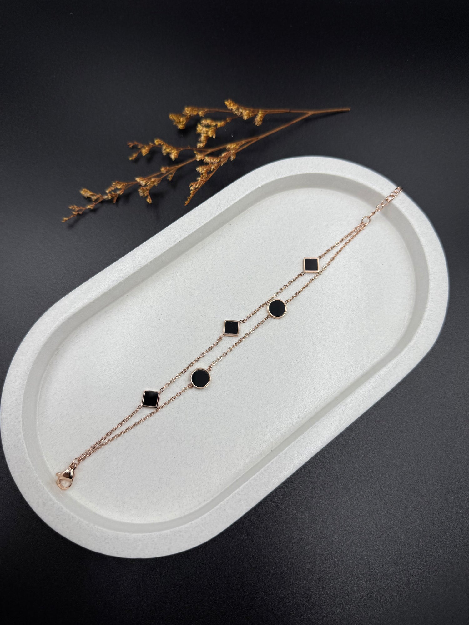 Dual Chain Black Enamel Geometric Charm Bracelet – Rose Gold Finish