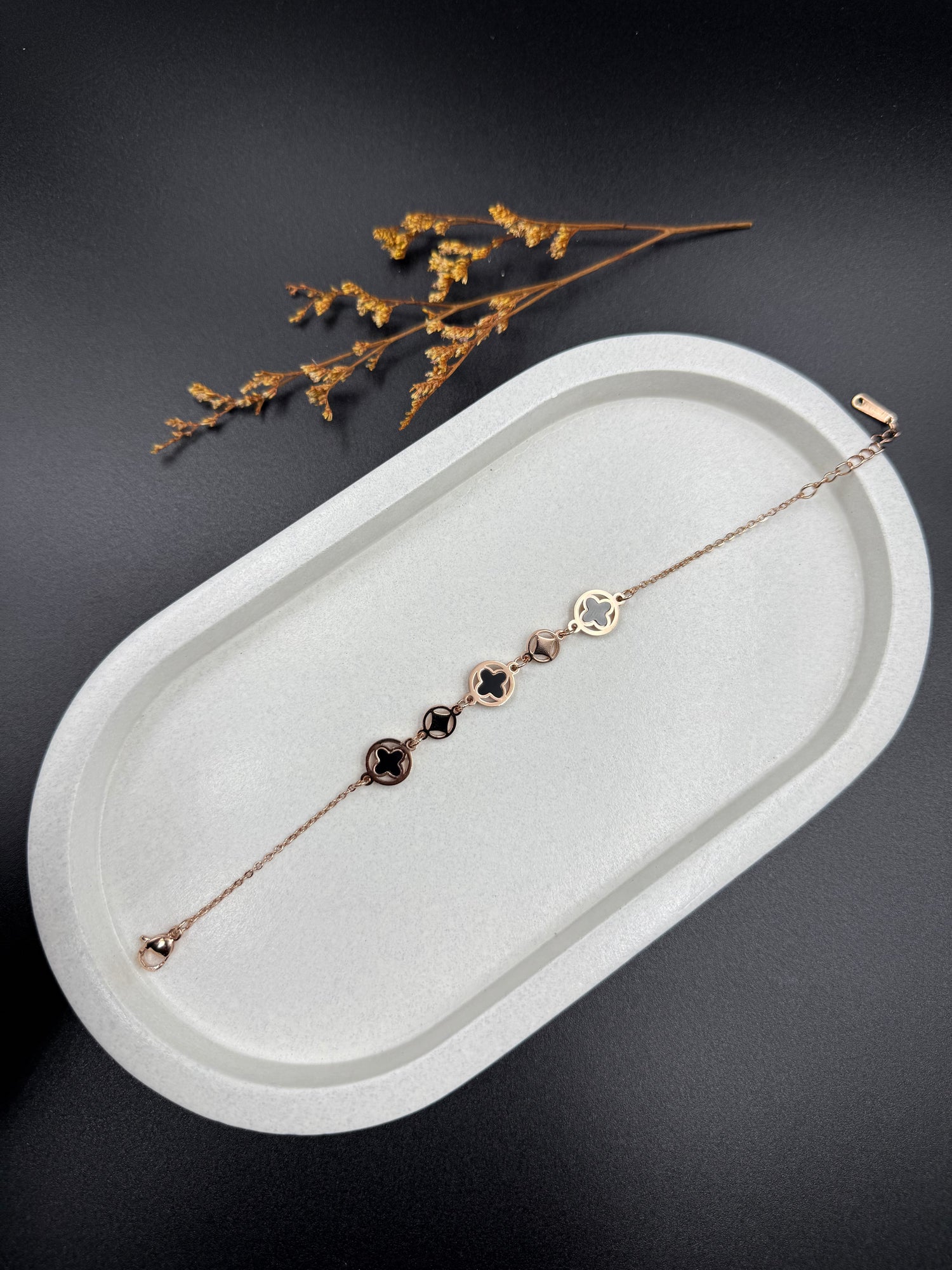 Rose Gold Clover Motif Bracelet with Black Enamel Charms