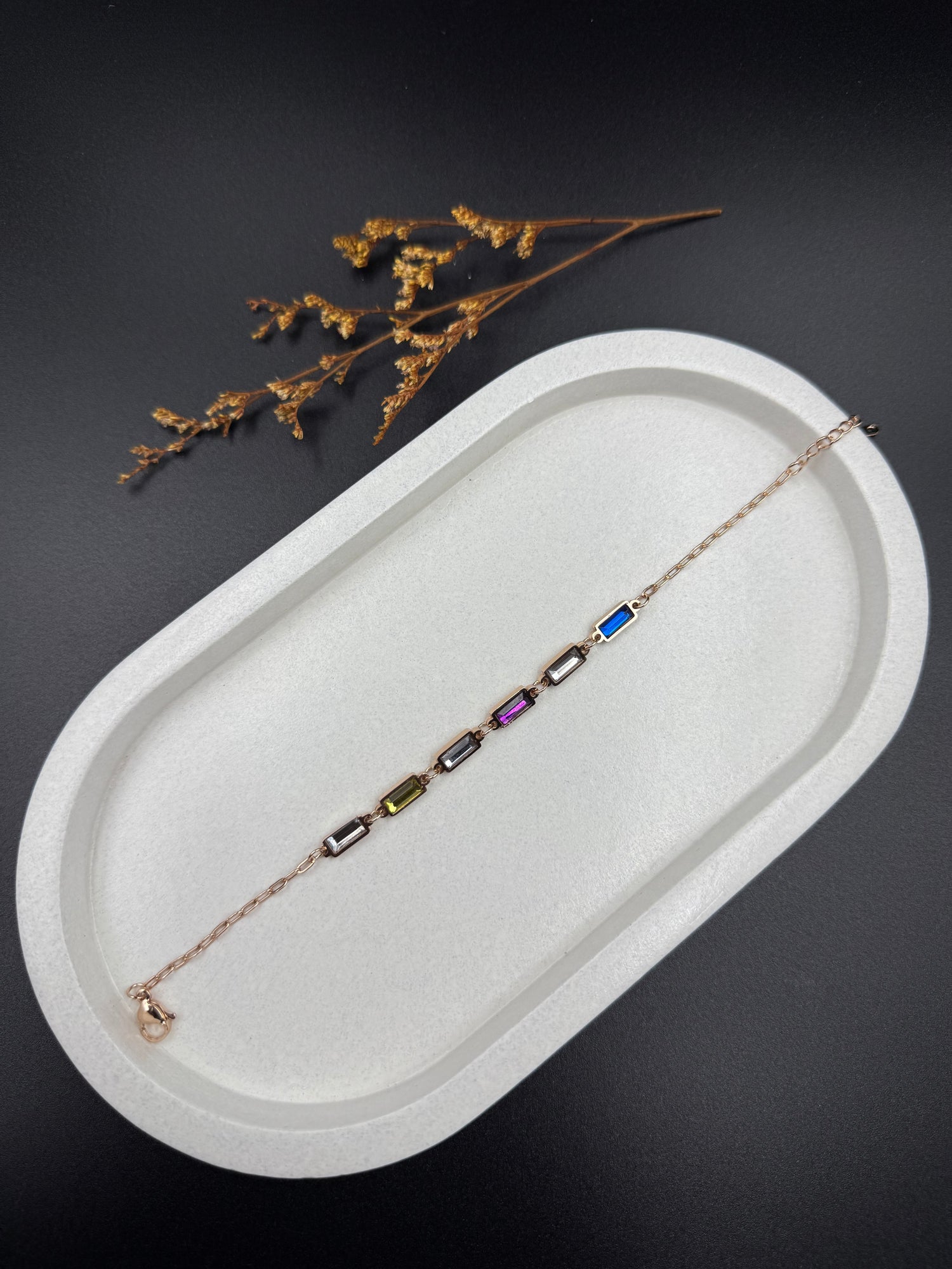 Multicolor Crystal Baguette Bracelet in Rose Gold Finish