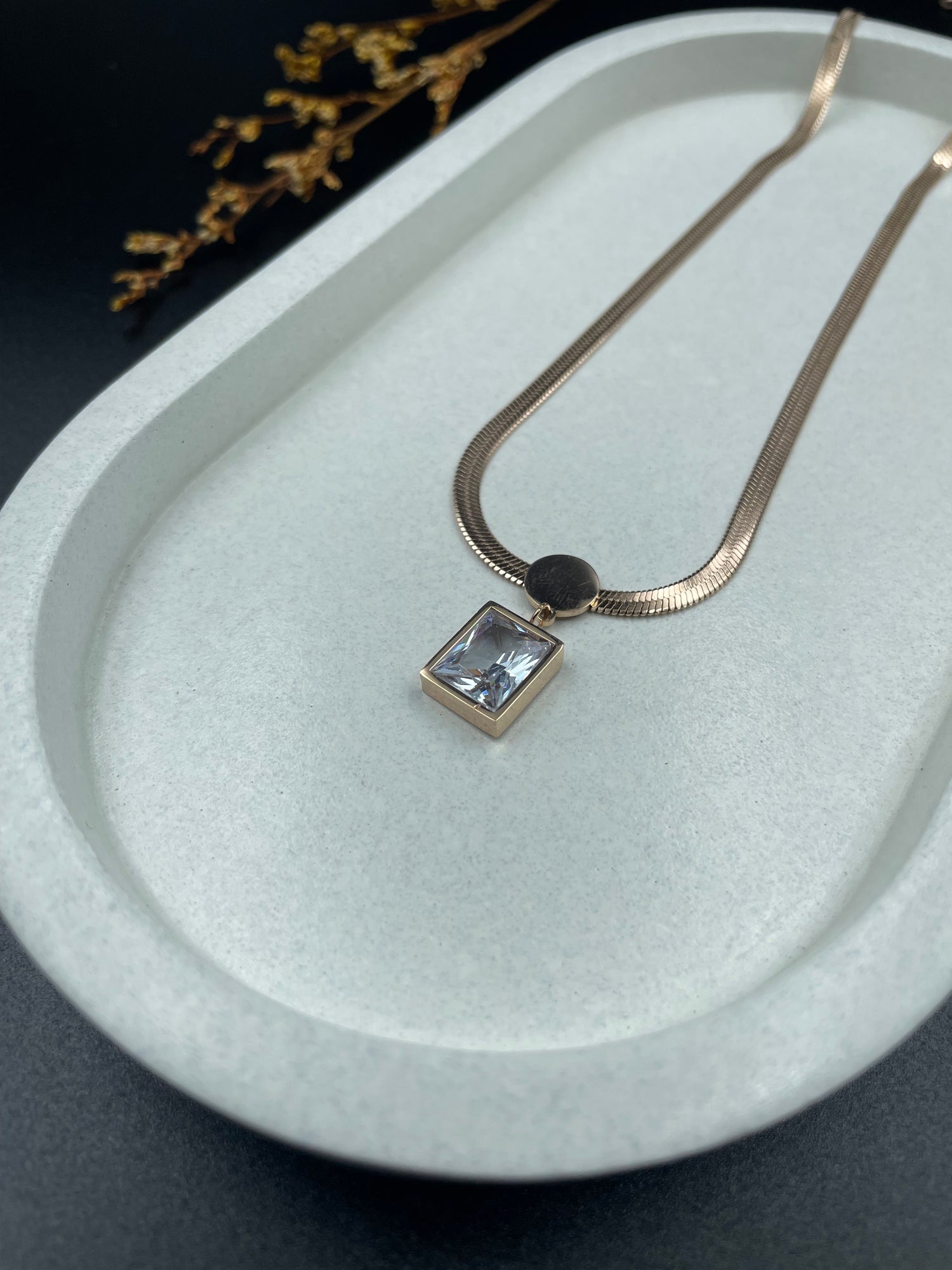 Lucent Deco Necklace – Rose Gold Snake Chain with Crystal Pendant