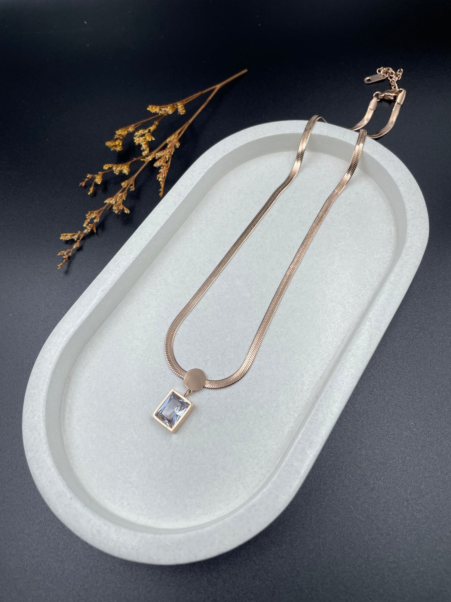 Lucent Deco Necklace – Rose Gold Snake Chain with Crystal Pendant