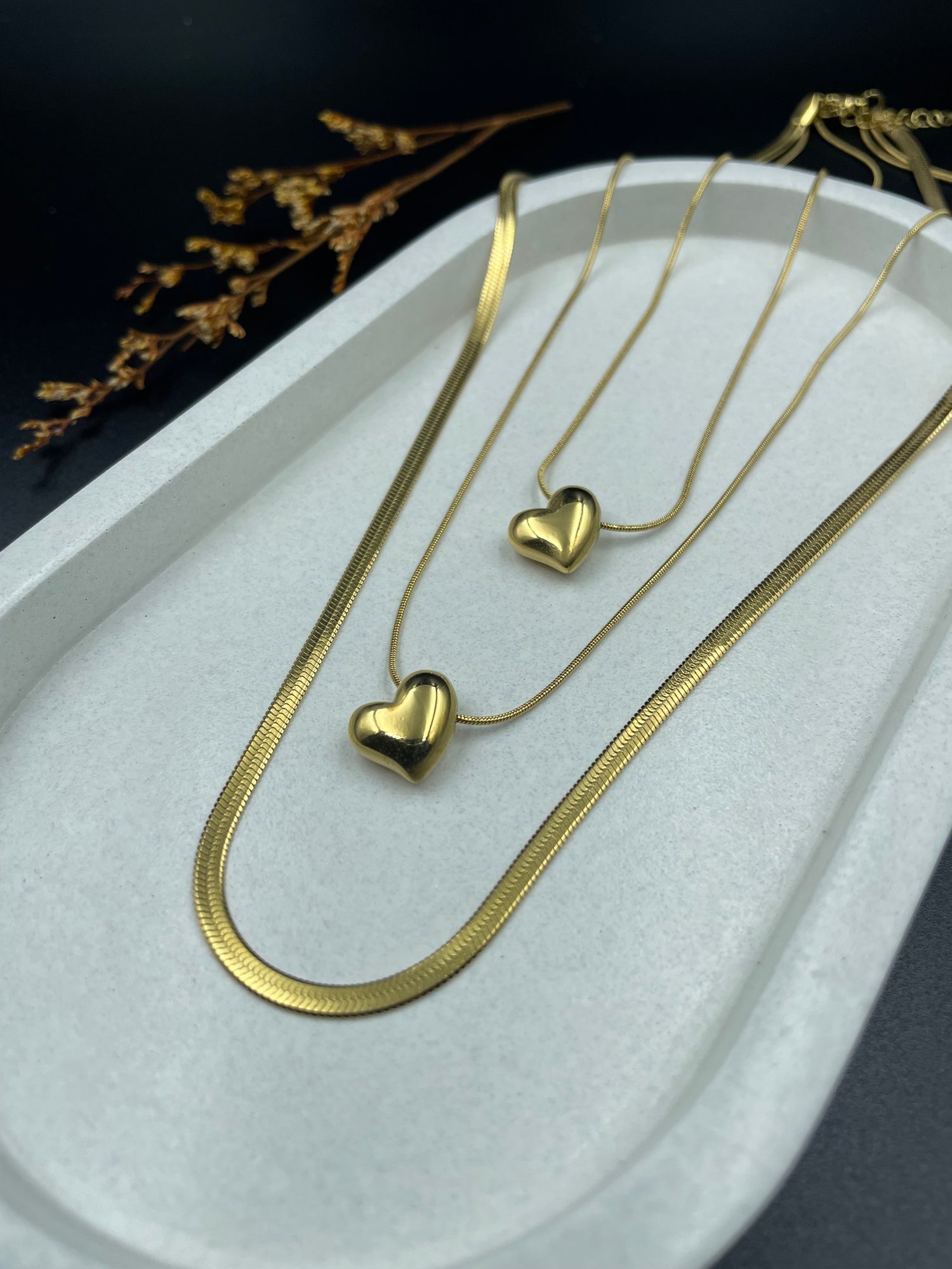 Golden Heart Trio – Layered Necklace Set