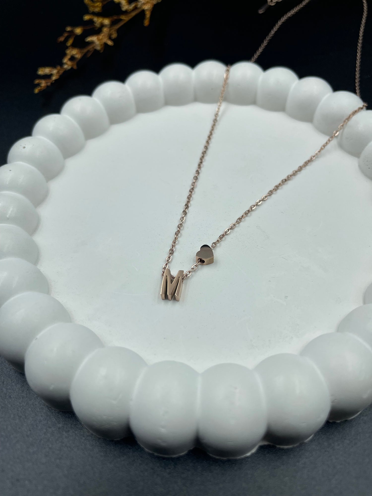 Rose Gold Heart & Initial "M" Pendant Necklace