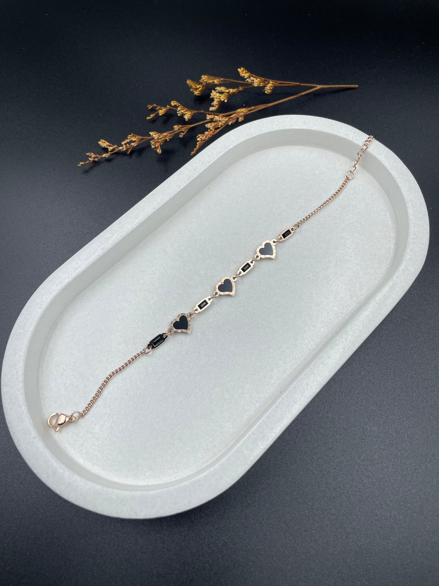 Rose Gold Black Enamel Heart Charm Bracelet