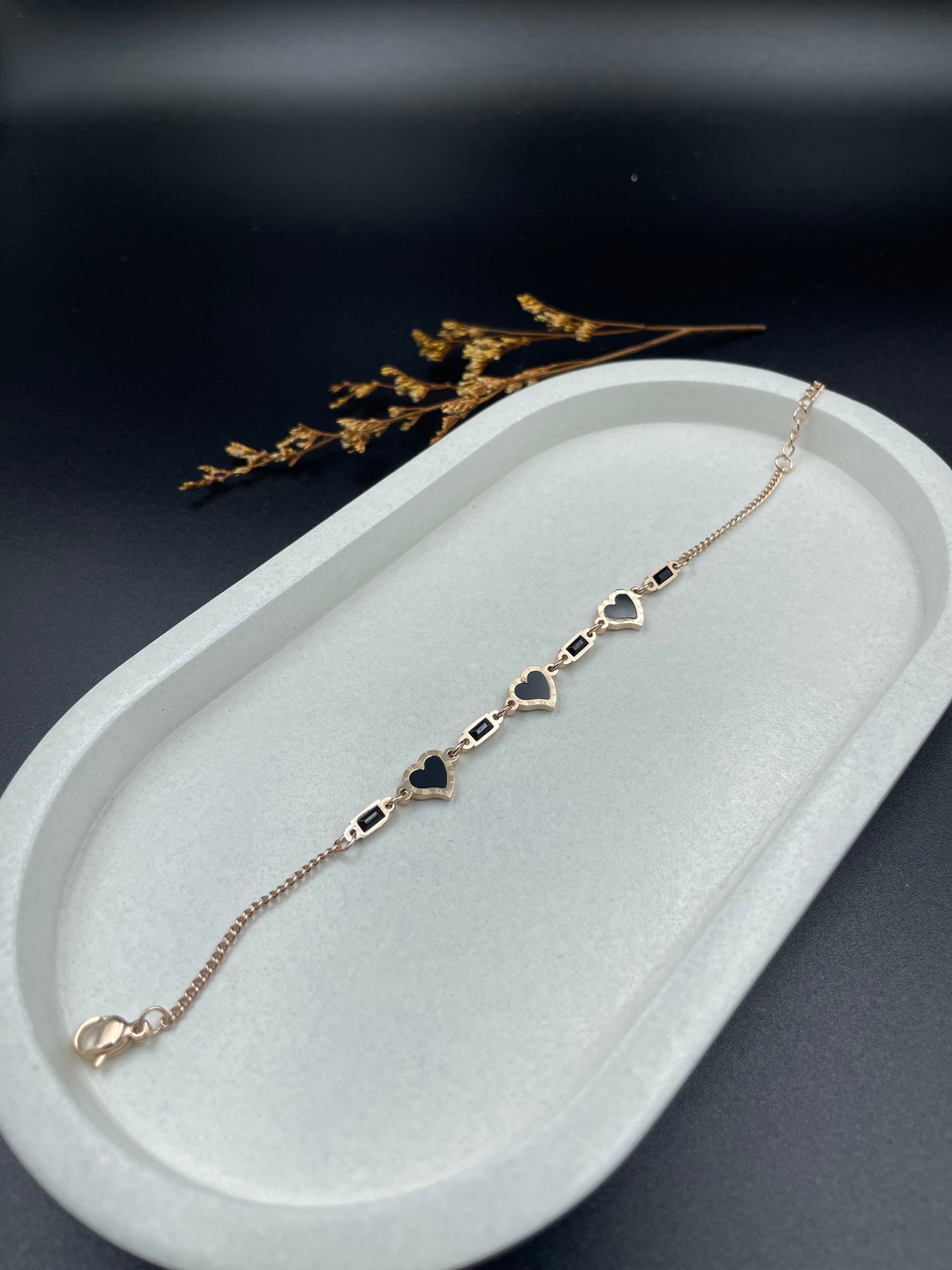 Rose Gold Black Enamel Heart Charm Bracelet