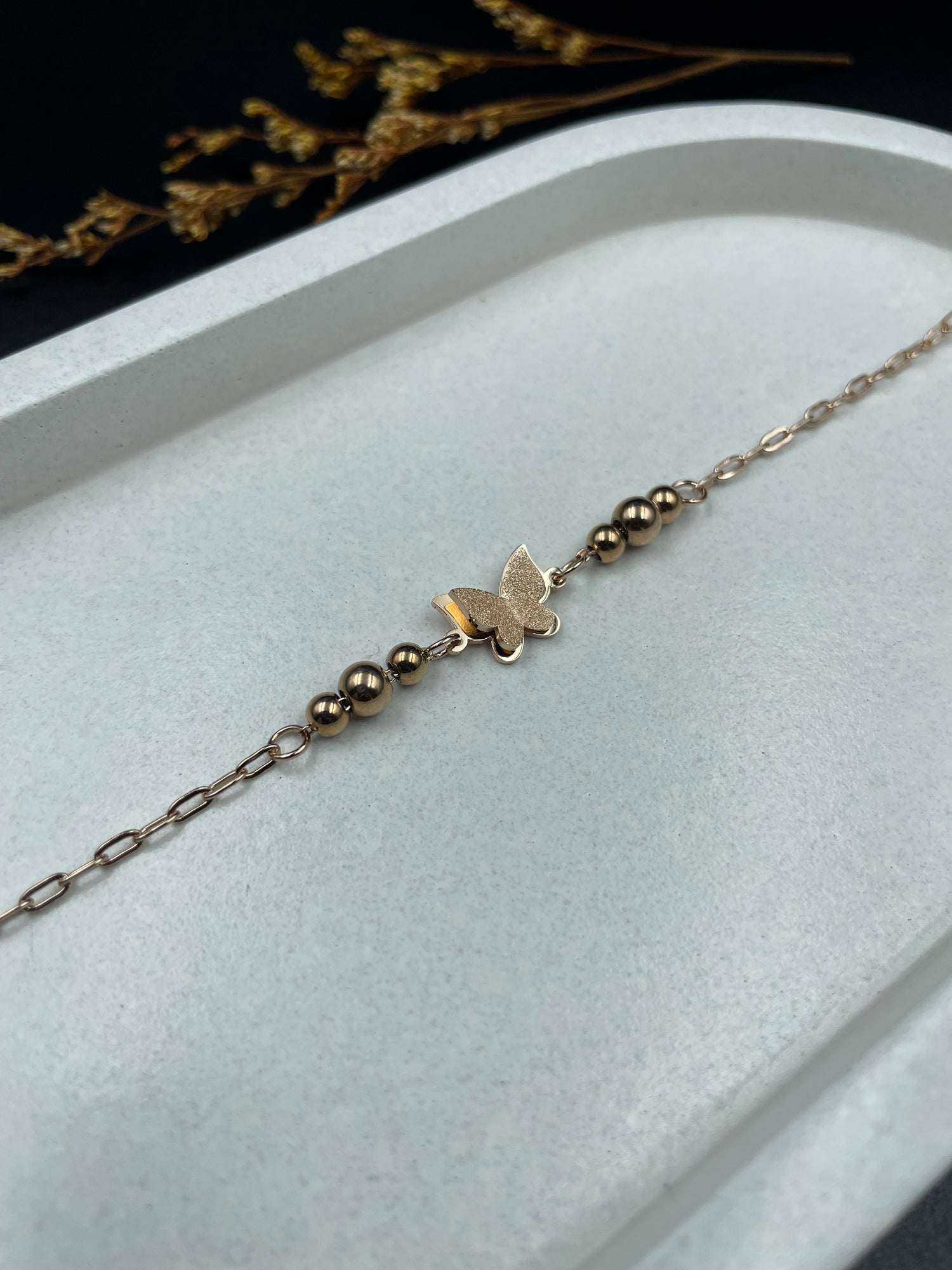 Rose Gold Butterfly Charm Beaded Bracelet