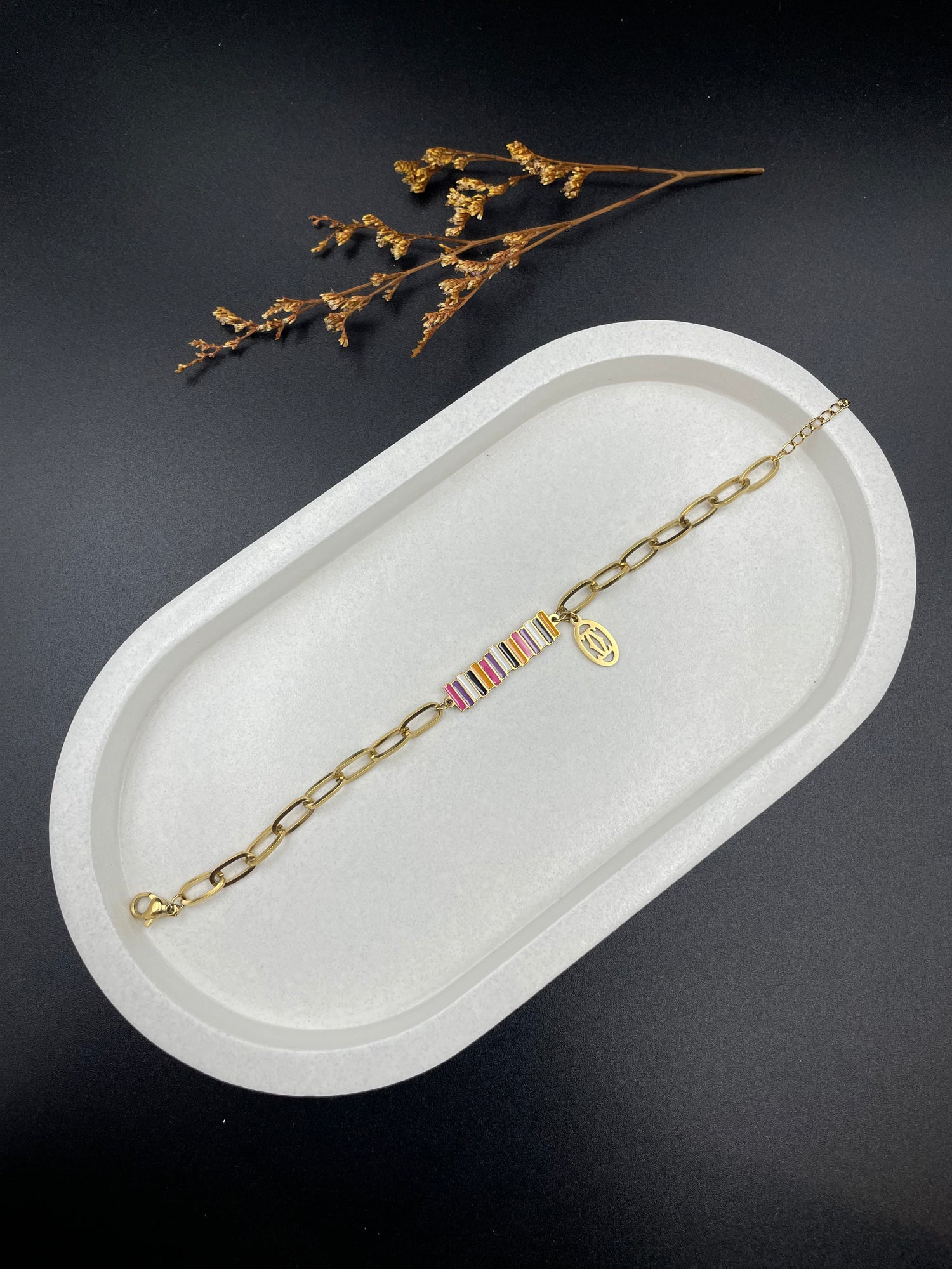 Gold Link Rainbow Enamel Bead Bracelet