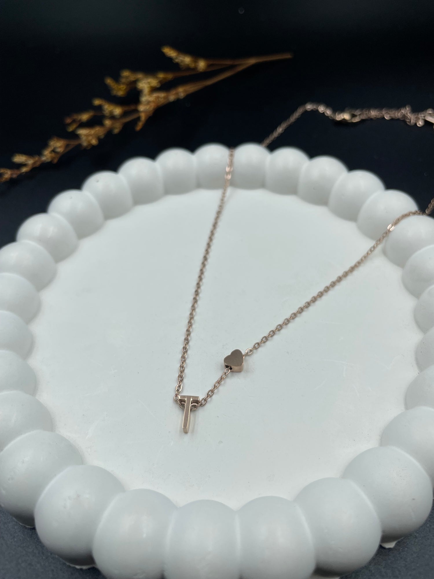 Rose Gold Heart & Initial "T" Pendant Necklace