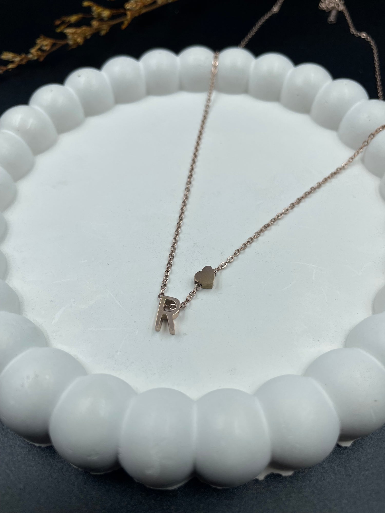 Rose Gold Heart & Initial "R" Pendant Necklace