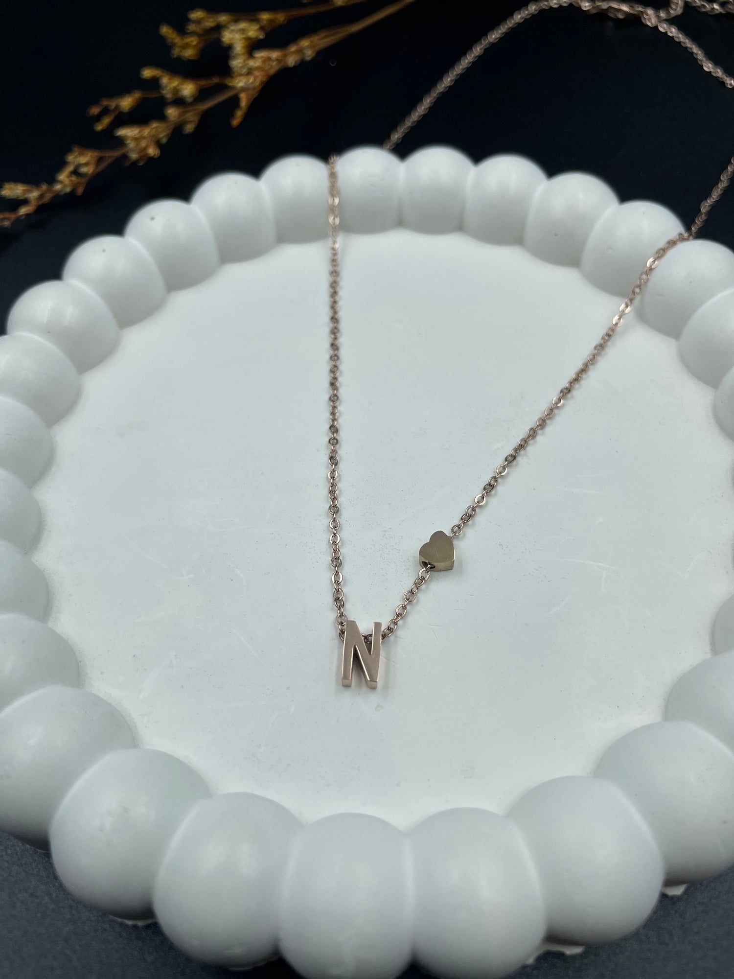 Rose Gold Heart & Initial "N" Pendant Necklace