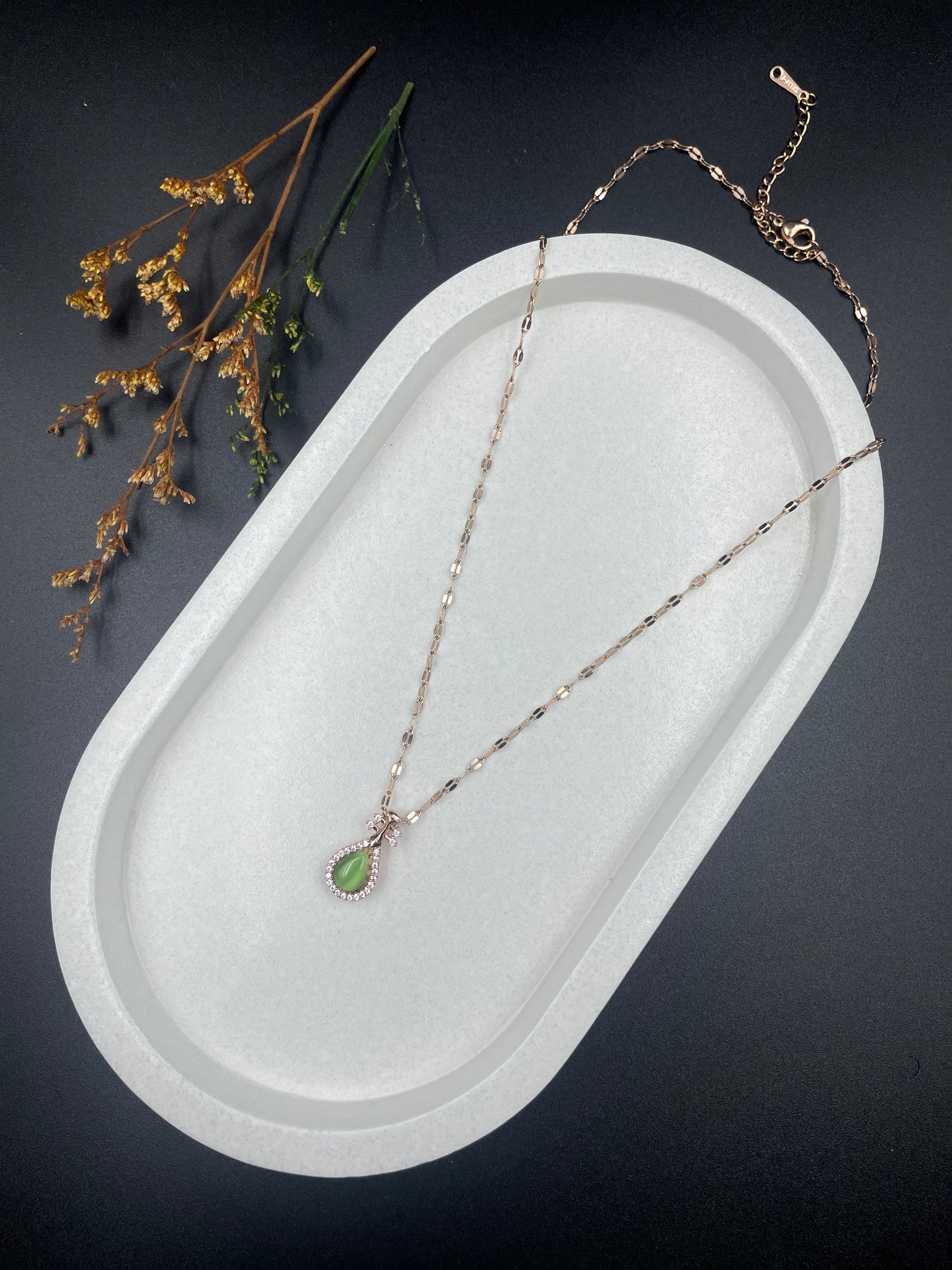 Verdant Drop – Teardrop Pendant Necklace with Green Stone & CZ Halo