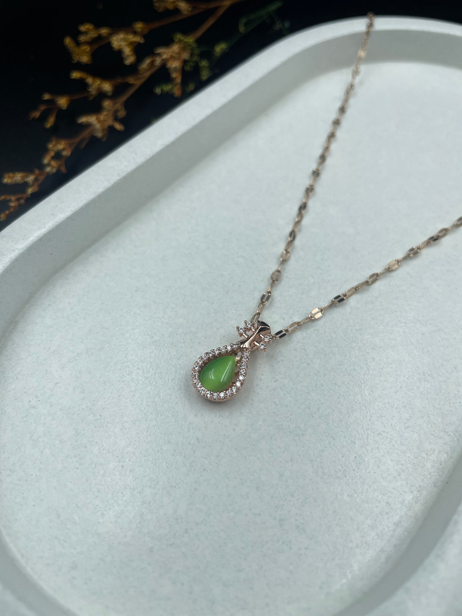 Verdant Drop – Teardrop Pendant Necklace with Green Stone & CZ Halo