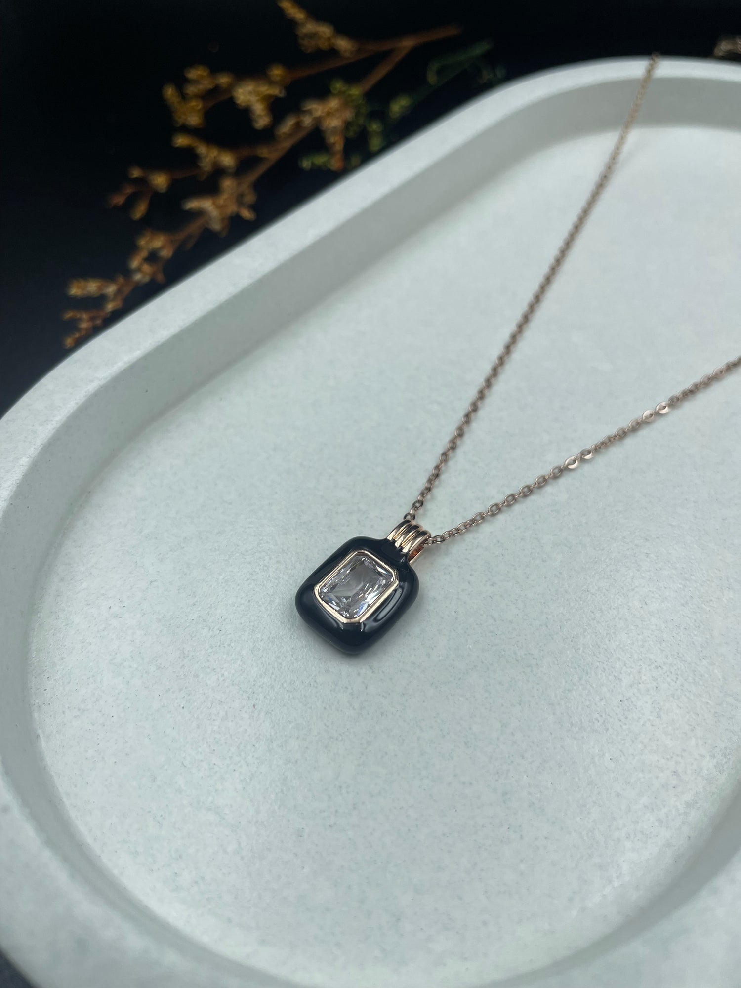 Midnight Glow Pendant – Black Enamel & Emerald-Cut Zircon Necklace