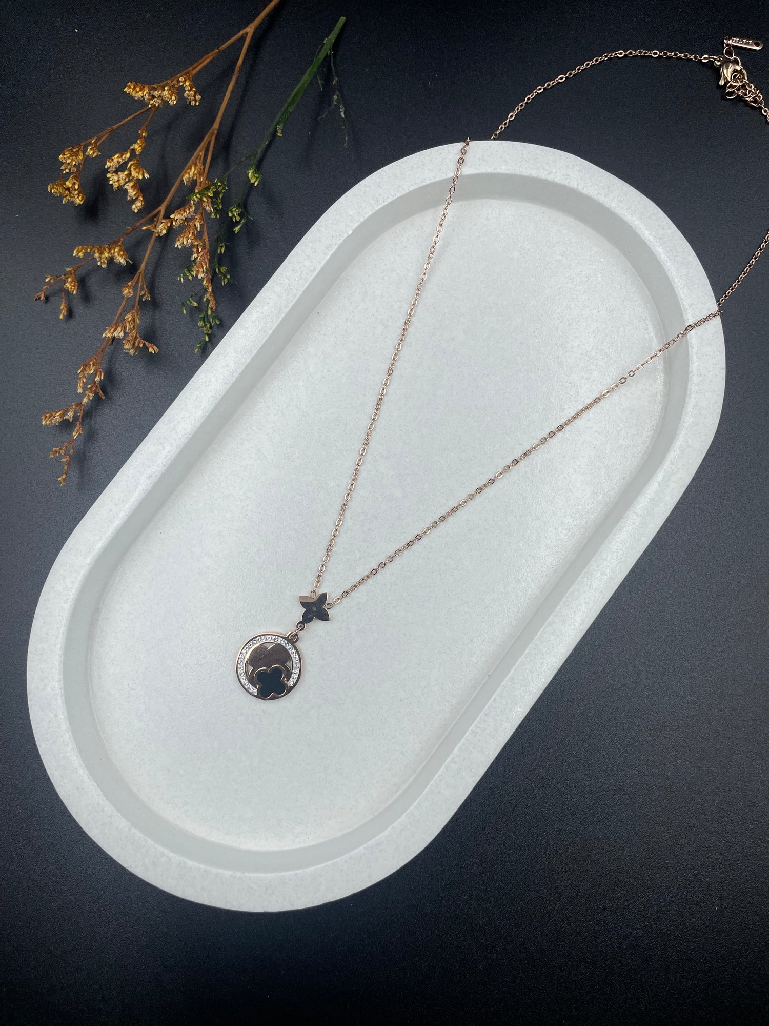Black Enamel Clover Pendant Necklace with Crystal Halo – Rose Gold Finish