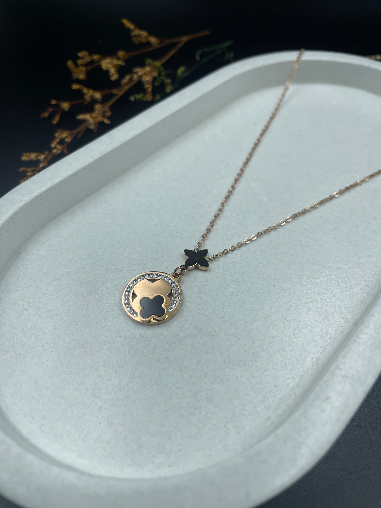 Black Enamel Clover Pendant Necklace with Crystal Halo – Rose Gold Finish