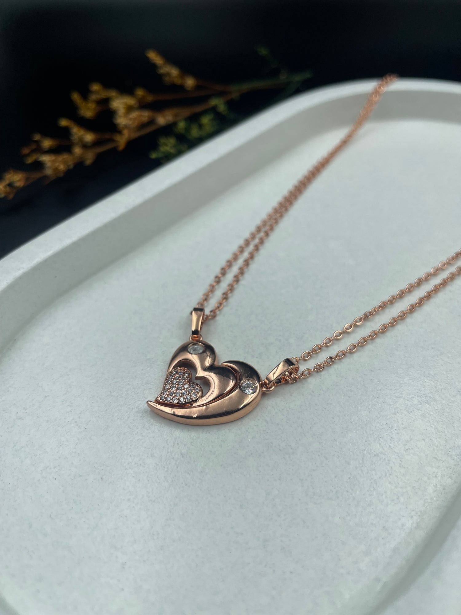 Celestial Love Duo Pendant – Interlocking Heart & Crescent Moon Necklace