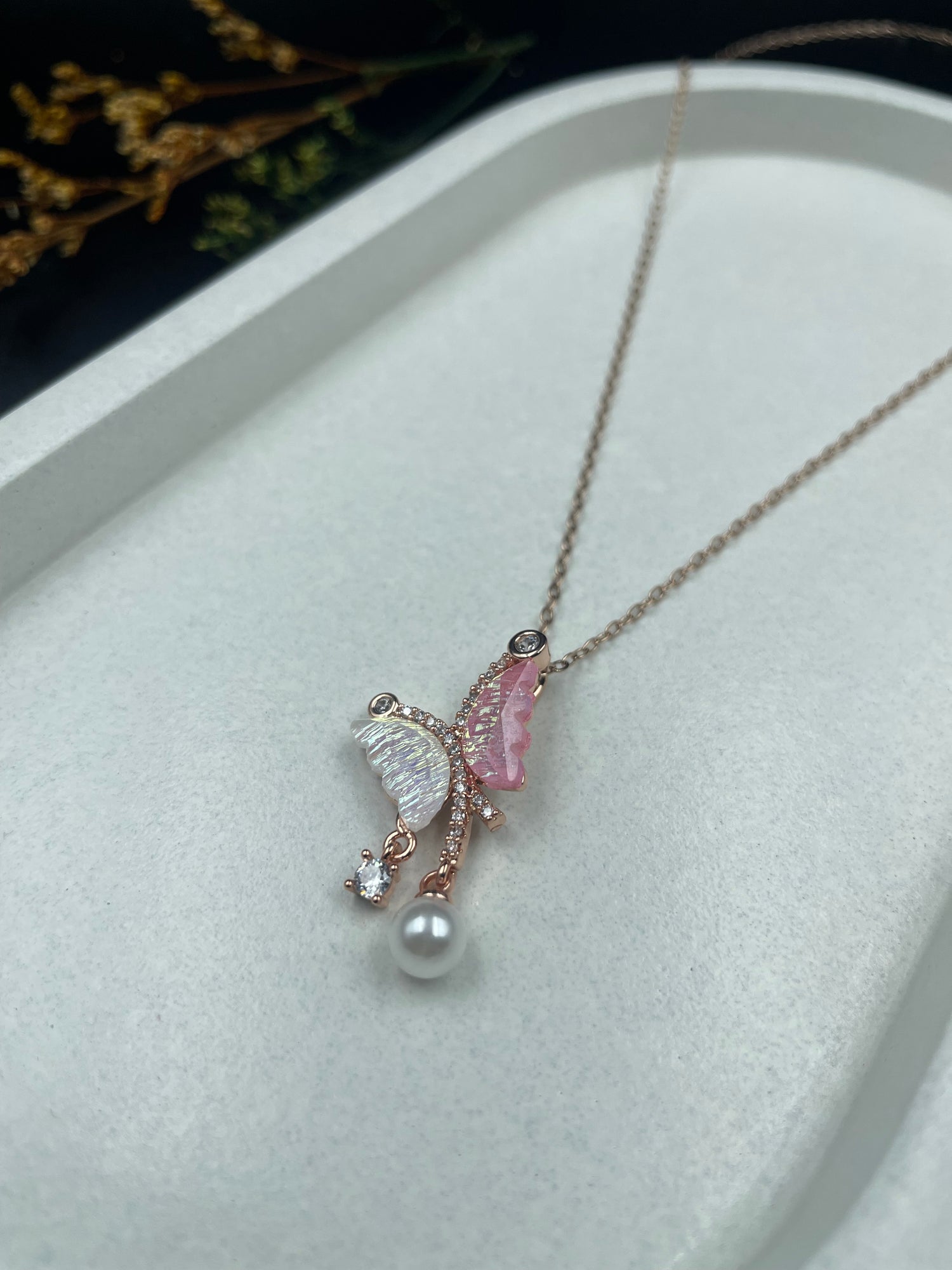 Blush Breeze – Rose Gold Butterfly & Pearl Drop Necklace