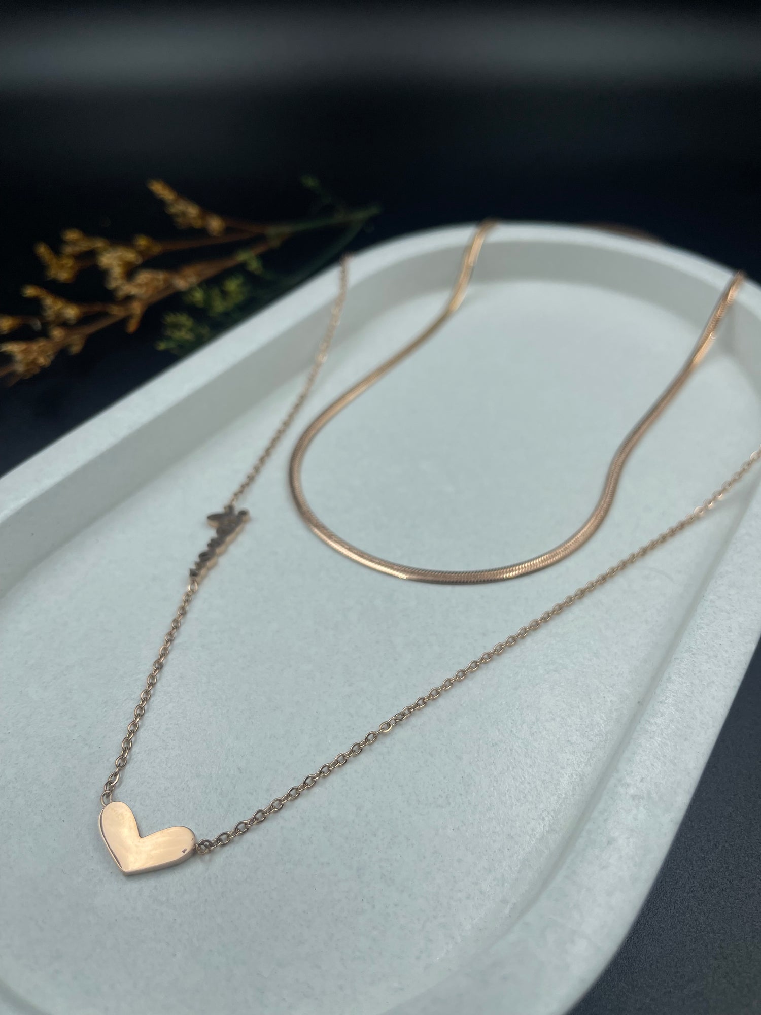 Dual Muse – Heart Pendant & Sleek Snake Chain Necklace Set