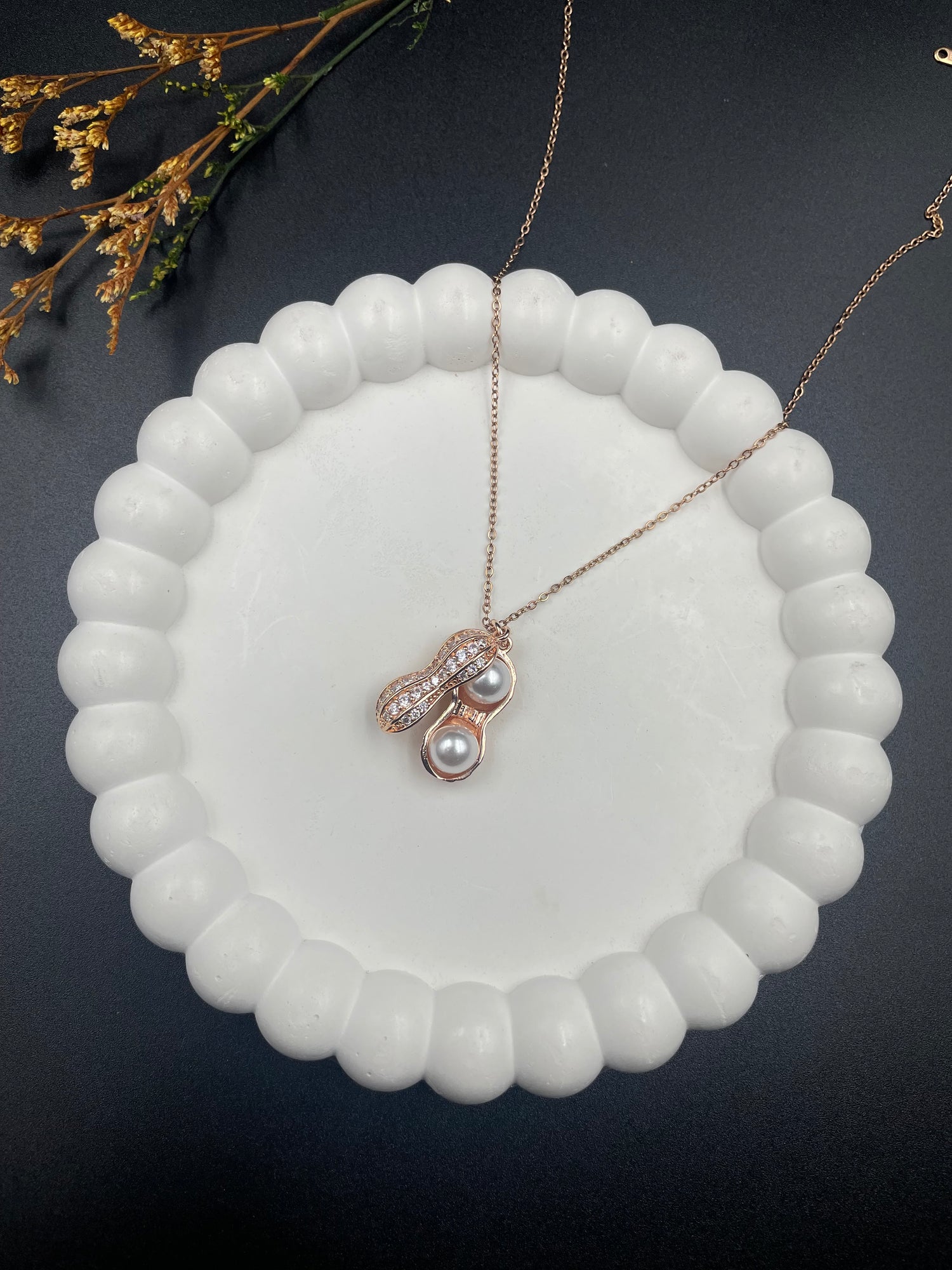 Twin Pearl Peanut – Rose Gold Pendant Necklace