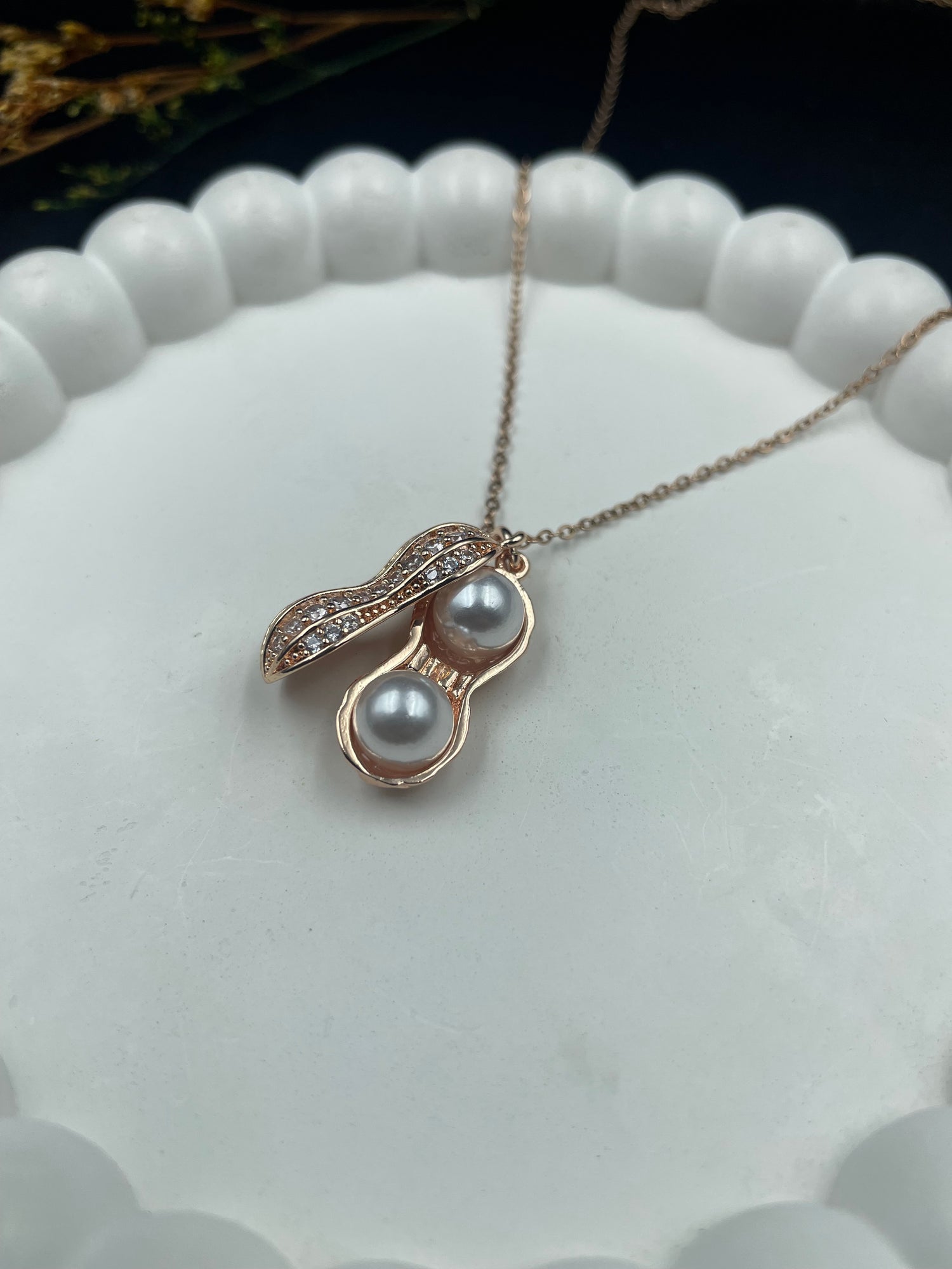 Twin Pearl Peanut – Rose Gold Pendant Necklace
