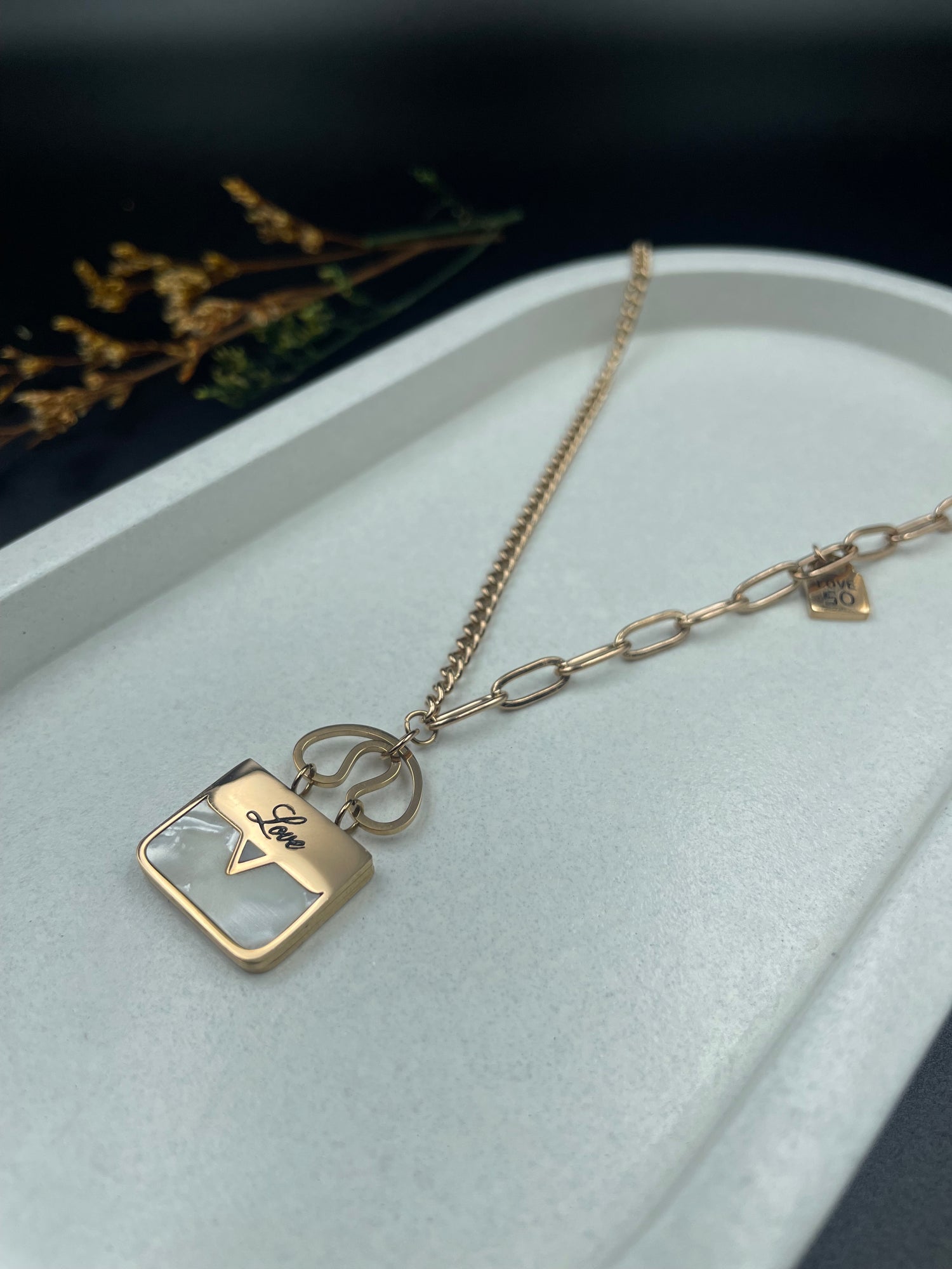 Love Lock Necklace – Dual Chain Heart & Mother-of-Pearl Pendant