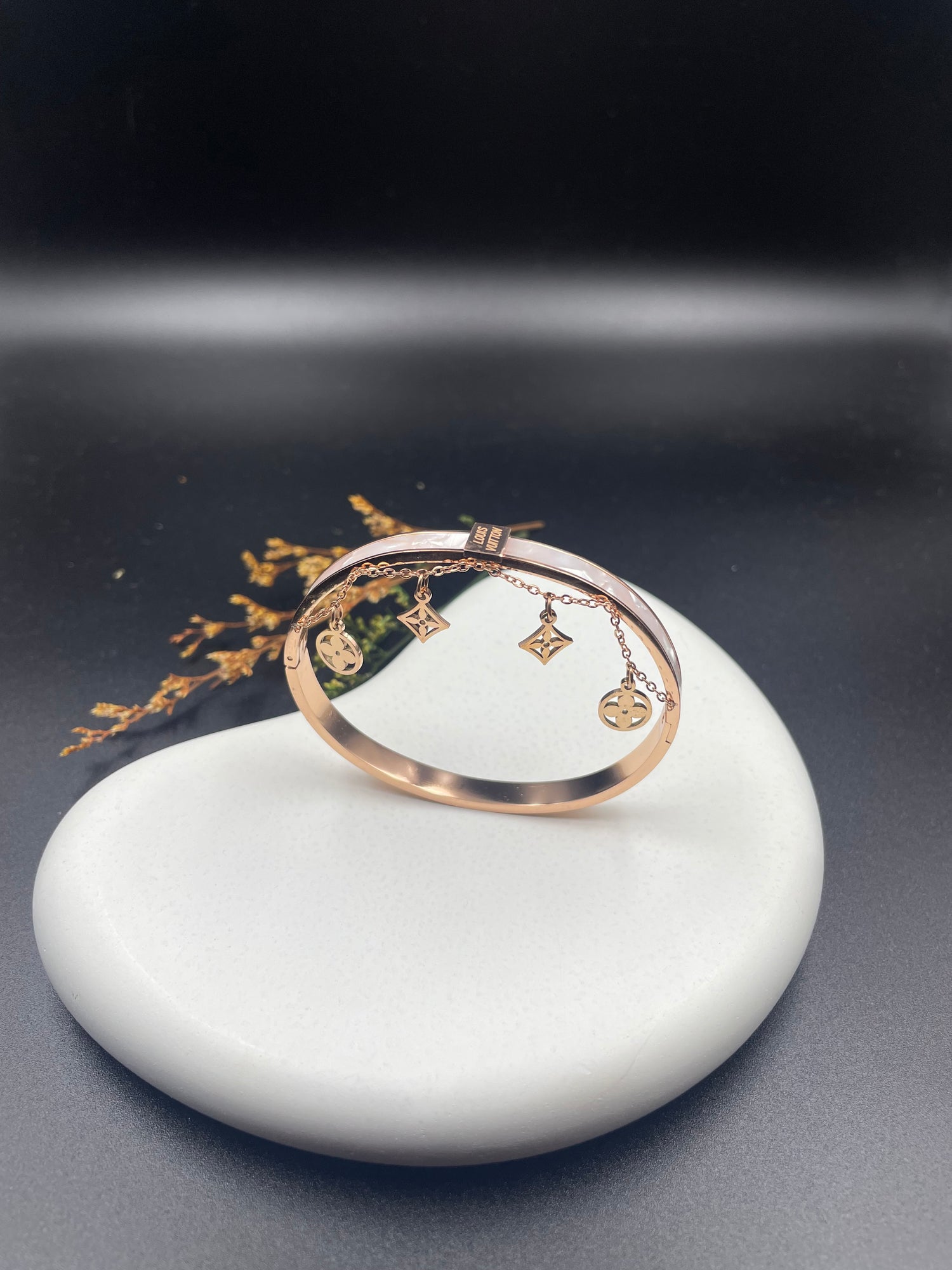 Rose Gold Enamel Charm Bangle with Iconic Danglers