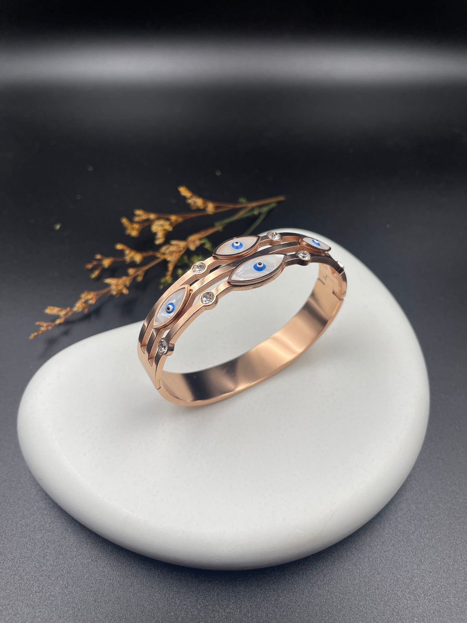 Rose Gold Evil Eye Enamel Bangle with Crystal Accents