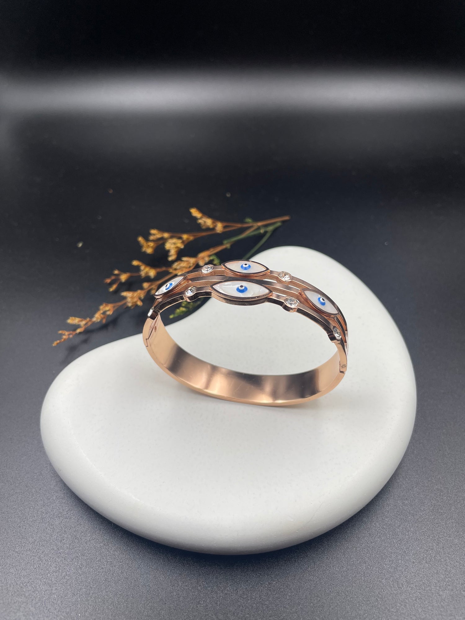 Rose Gold Evil Eye Enamel Bangle with Crystal Accents