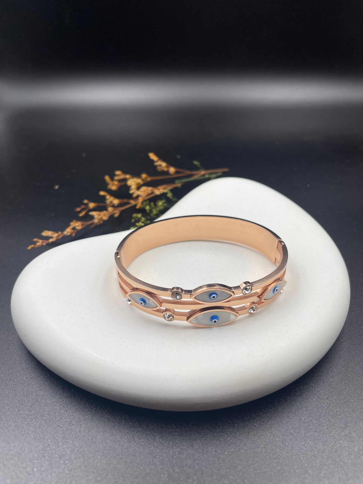 Rose Gold Evil Eye Enamel Bangle with Crystal Accents