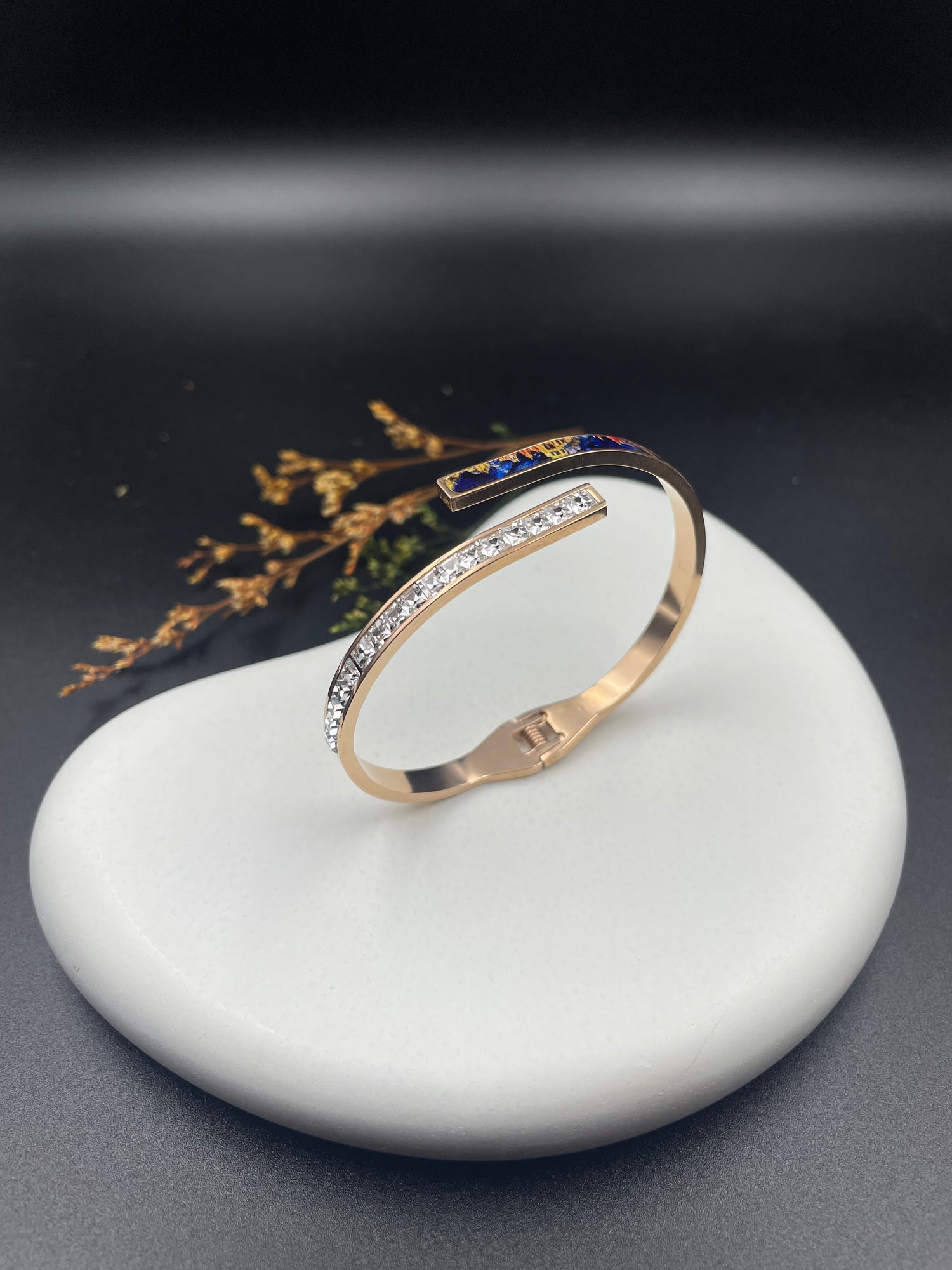 Rose Gold Open Cuff Bangle with Crystal & Enamel Accent