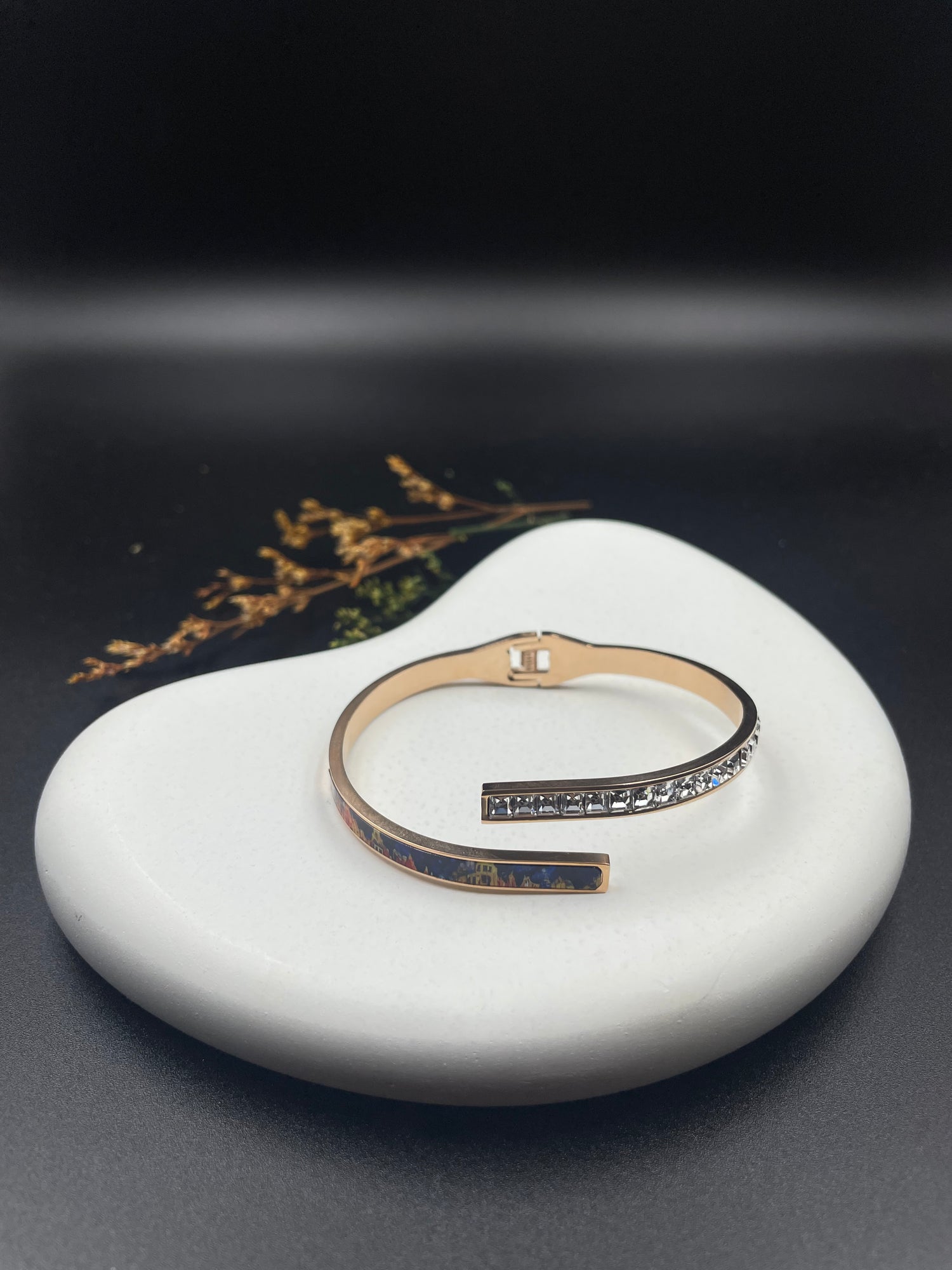Rose Gold Open Cuff Bangle with Crystal & Enamel Accent