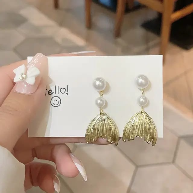 Golden Petal Pearl Drop Earrings