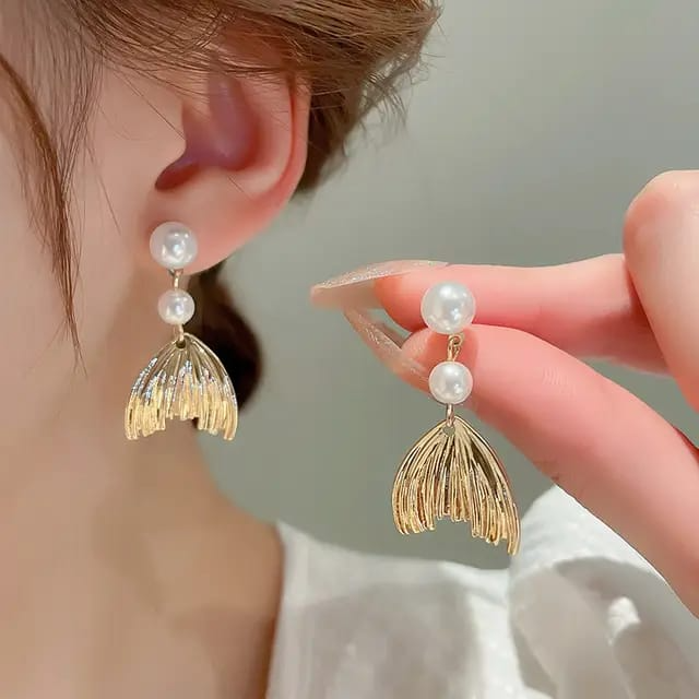 Golden Petal Pearl Drop Earrings