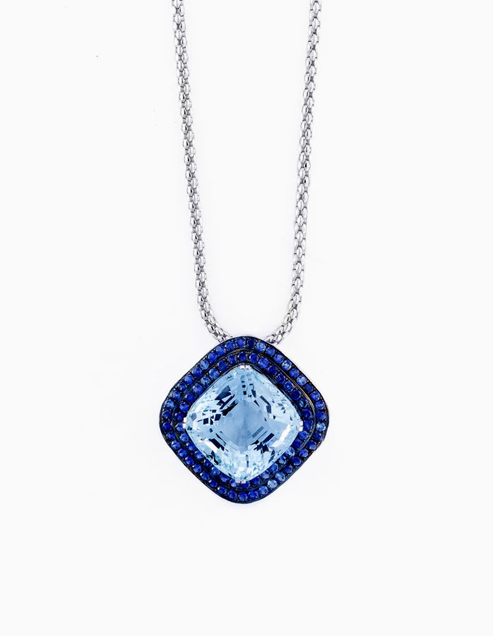 White Gold Necklace With Sapphire And Blue Topaz Pendant